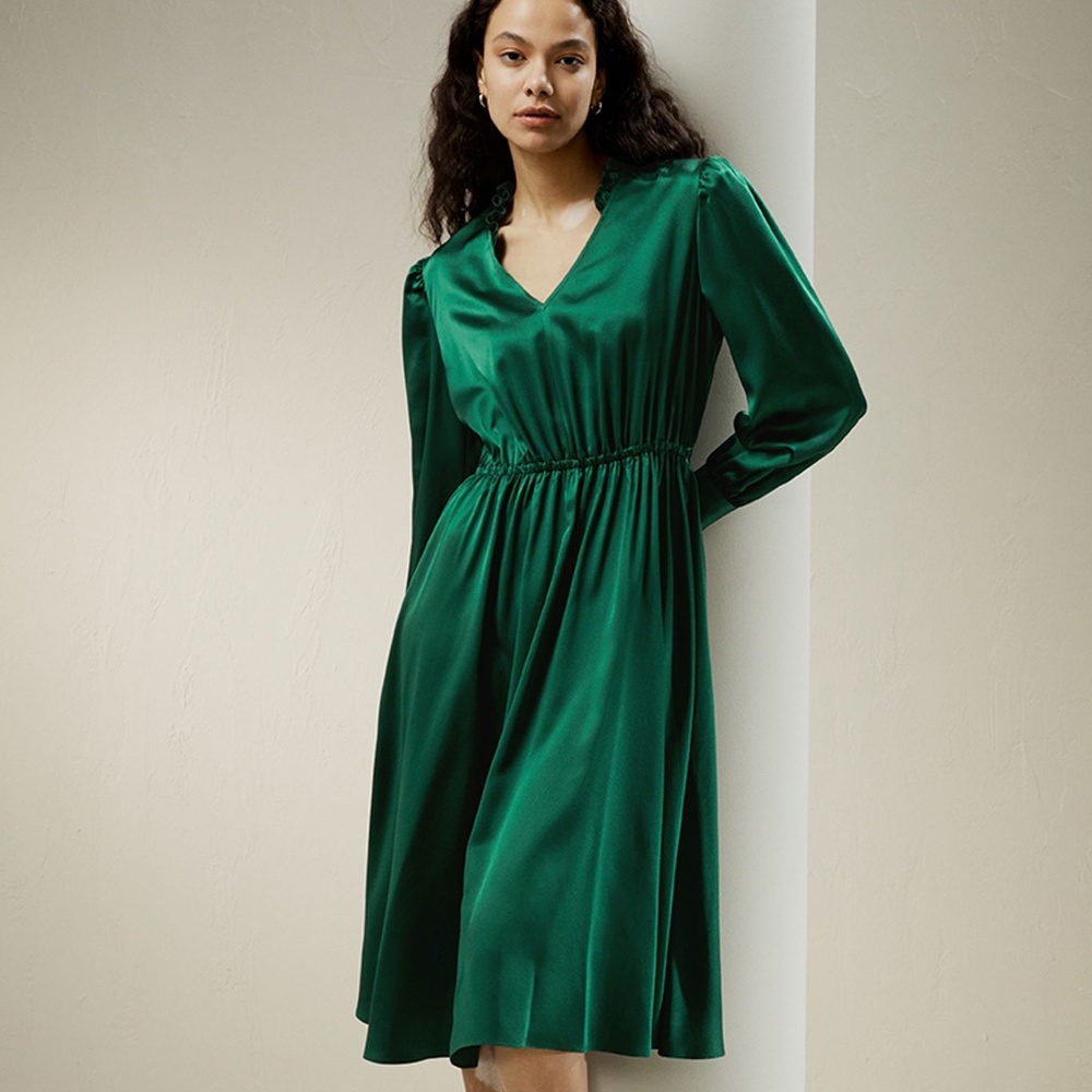 Beautiful V-neck Deep Green Silk Dress